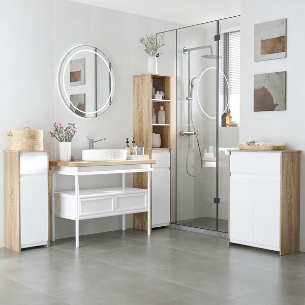 Kleankin Mobiletto Bagno Salvaspazio con Anta e Cassetto, Ripiano Interno Regolabile, in MDF, 32.6x30x90 cm, Bianco e Legno Naturale|Aosom