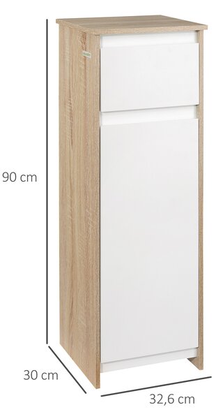 Kleankin Mobiletto Bagno Salvaspazio con Anta e Cassetto, Ripiano Interno Regolabile, in MDF, 32.6x30x90 cm, Bianco e Legno Naturale|Aosom