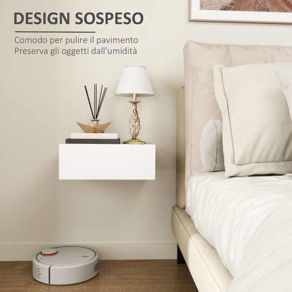 HOMCOM Comodino Sospeso Moderno camera da letto con Cassetto, in Legno, 40x30x15 cm, Bianco|Aosom Italy