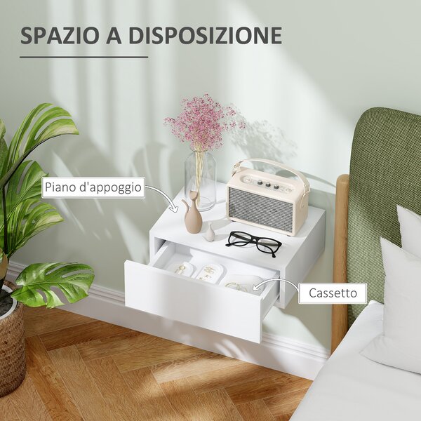 HOMCOM Comodino Sospeso Moderno camera da letto con Cassetto, in Legno, 40x30x15 cm, Bianco|Aosom Italy