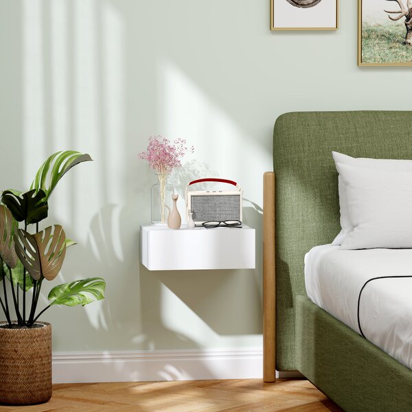 HOMCOM Comodino Sospeso Moderno camera da letto con Cassetto, in Legno, 40x30x15 cm, Bianco|Aosom Italy