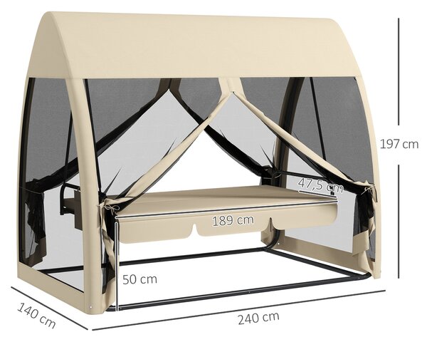 Outsunny Dondolo 3 posti Convertibile da Giardino 2 in 1 in Letto con Cuscini e Zanzariera, 240x140x197 cm, Caffè | Aosom Italy