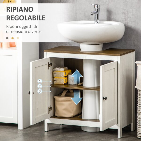 Kleankin Mobile Sotto Lavabo Bagno in Legno con Ripiano Interno Regolabile, 60x30x60 cm, Bianco e color Noce