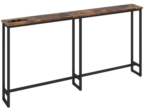 HOMCOM Tavolo Consolle in Stile Industriale con Stazione di Ricarica, in Legno e Acciaio, 160x20x80 cm, Marrone
