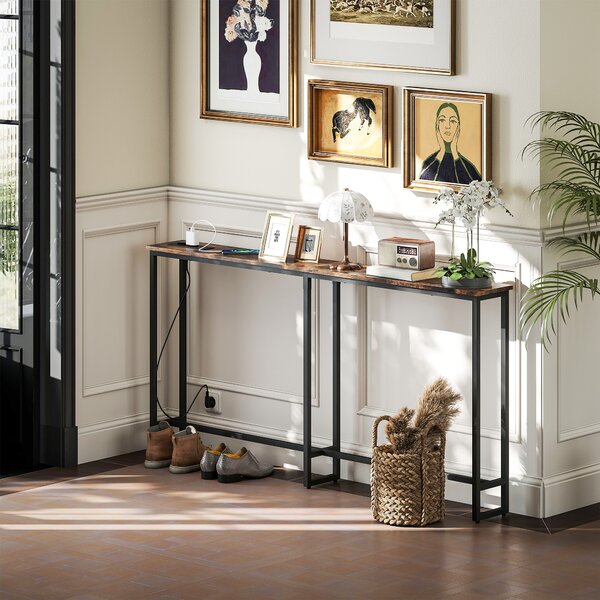 HOMCOM Tavolo Consolle in Stile Industriale con Stazione di Ricarica, in Legno e Acciaio, 160x20x80 cm, Marrone
