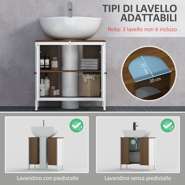 Kleankin Mobile Sotto Lavabo Bagno in Legno con Ripiano Interno Regolabile, 60x30x60 cm, Bianco e color Noce
