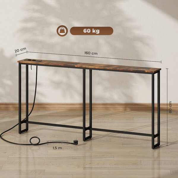 HOMCOM Tavolo Consolle in Stile Industriale con Stazione di Ricarica, in Legno e Acciaio, 160x20x80 cm, Marrone