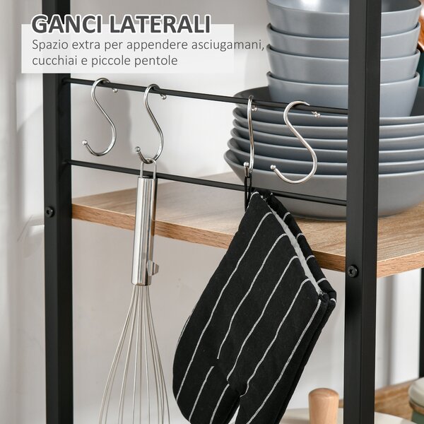 HOMCOM Mobiletto Microonde da Cucina con 4 Ripiani e 4 Ganci, in Acciaio e Legno, 60x40x125 cm, Color Legno | Aosom Italy