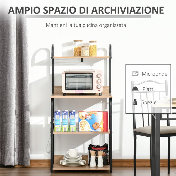 HOMCOM Mobiletto Microonde da Cucina con 4 Ripiani e 4 Ganci, in Acciaio e Legno, 60x40x125 cm, Color Legno | Aosom Italy