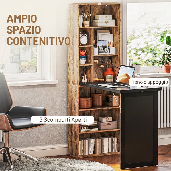 HOMCOM Scrivania Moderna Pieghevole con Libreria e Lavagna, in Legno e Metallo, 98x51x153 cm, Marrone Rustico | Aosom Italy