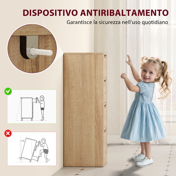 HOMCOM Mobile Bagno Salvaspazio con 4 Cassetti e Maniglie Intagliate Stile Nordico, 29x29x83 cm, Legno Naturale | Aosom Italy