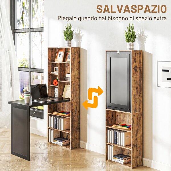 HOMCOM Scrivania Moderna Pieghevole con Libreria e Lavagna, in Legno e Metallo, 98x51x153 cm, Marrone Rustico | Aosom Italy