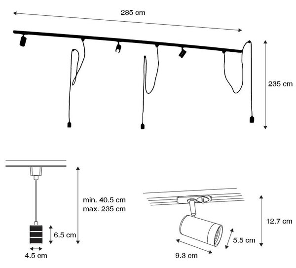 Sistema di illuminazione a binario Smart nero 3 faretti e lampada a sospensione monofase - Iconic Cavalux Jeana