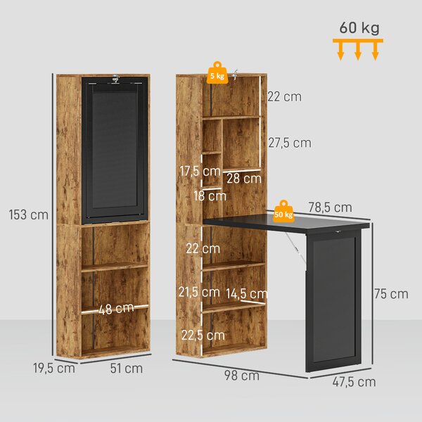 HOMCOM Scrivania Moderna Pieghevole con Libreria e Lavagna, in Legno e Metallo, 98x51x153 cm, Marrone Rustico | Aosom Italy