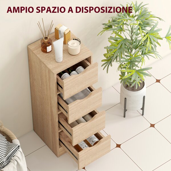 HOMCOM Mobile Bagno Salvaspazio con 4 Cassetti e Maniglie Intagliate Stile Nordico, 29x29x83 cm, Legno Naturale | Aosom Italy