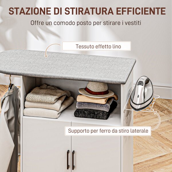 HOMCOM Mobile Asse da Stiro con Armadietto a 2 Ante e Spazio Aperto, 125x43.5x102.5 cm, Bianco | Aosom Italy