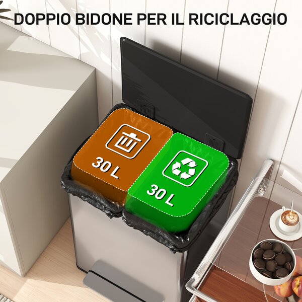 HOMCOM Pattumiera a Pedale con 2 Scomparti da 30L, Coperchio Ammortizzato e Secchi Rimovibili, Acciaio Inox, Argento | Aosom Italy