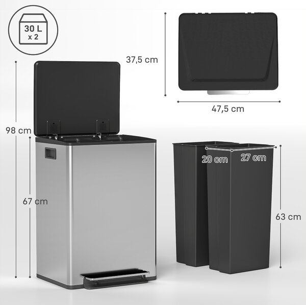 HOMCOM Pattumiera a Pedale con 2 Scomparti da 30L, Coperchio Ammortizzato e Secchi Rimovibili, Acciaio Inox, Argento | Aosom Italy