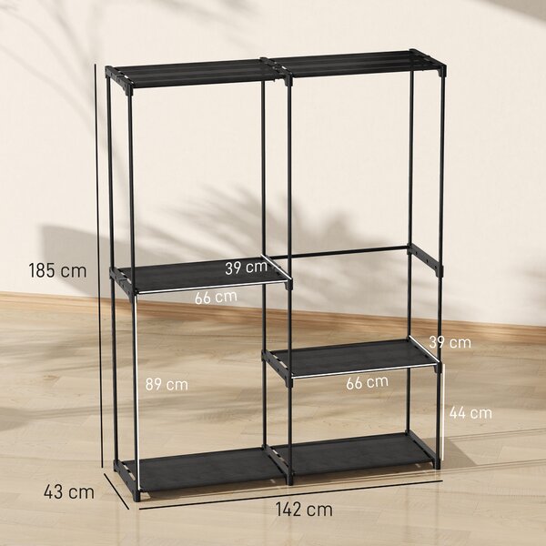 HOMCOM Armadio Guardaroba con 2 Aste e 4 Ripiani, in Tessuto non Tessuto, Plastica e Acciaio, 142x43x185 cm, Nero | Aosom Italy