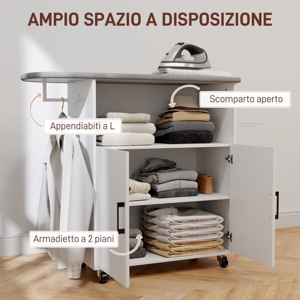 HOMCOM Mobile Asse da Stiro con Armadietto a 2 Ante e Spazio Aperto, 125x43.5x102.5 cm, Bianco | Aosom Italy