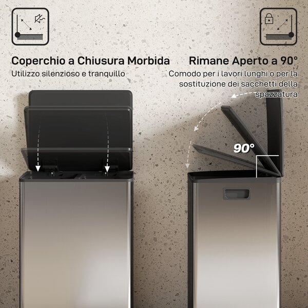 HOMCOM Pattumiera a Pedale con 2 Scomparti da 30L, Coperchio Ammortizzato e Secchi Rimovibili, Acciaio Inox, Argento | Aosom Italy