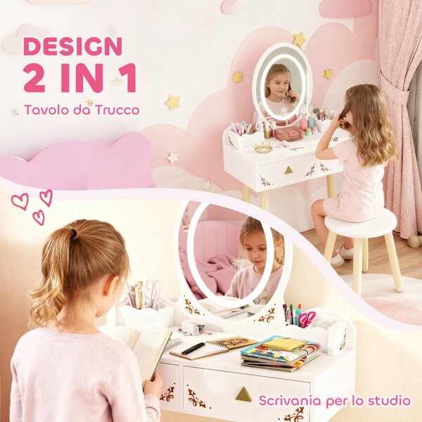 AIYAPLAY Set Toeletta per Bambini da 3 Anni con Specchio Illuminato e Sgabello, 2 Cassetti e 2 Scatole, Bianco | Aosom Italy
