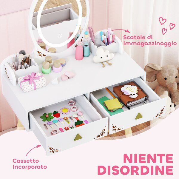 AIYAPLAY Set Toeletta per Bambini da 3 Anni con Specchio Illuminato e Sgabello, 2 Cassetti e 2 Scatole, Bianco | Aosom Italy