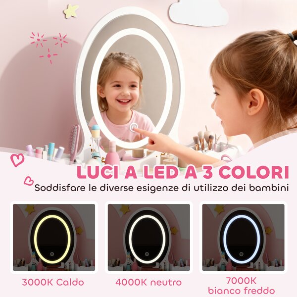 AIYAPLAY Set Toeletta per Bambini da 3 Anni con Specchio Illuminato e Sgabello, 2 Cassetti e 2 Scatole, Bianco | Aosom Italy
