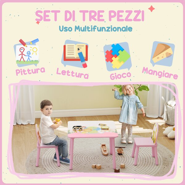 AIYAPLAY Set Tavolo e Sedie per Bambini 3-8 Anni con Motivi Animali e Bordi Arrotondati, in MDF e Legno di Pino Rosa | Aosom Italy