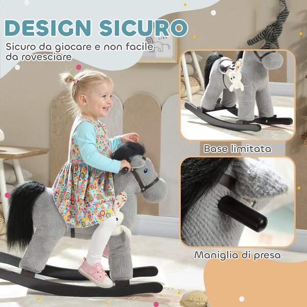 AIYAPLAY Cavallo a Dondolo con Suoni per Bambini da 2-5 Anni e Animale di Peluche Incluso, Legno e Acciaio, Grigio | Aosom Italy