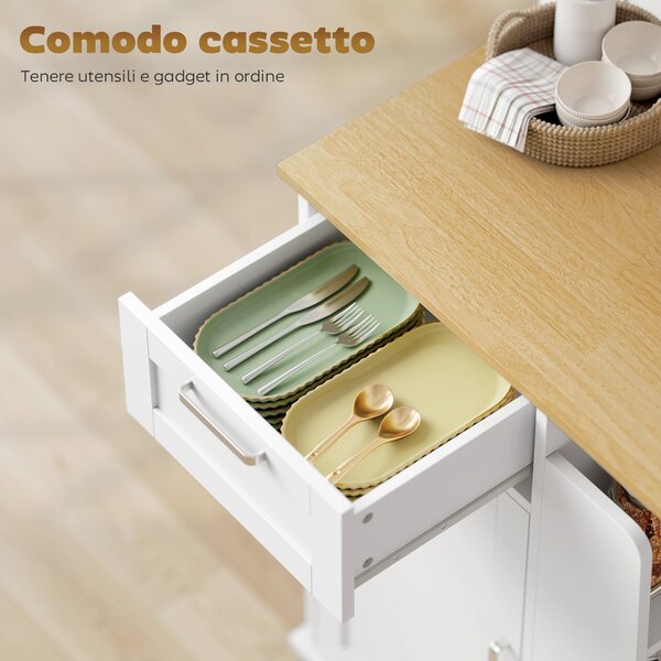 HOMCOM Carrello da Cucina con Cassetto, Armadietto, Portasciugamani e 3 Portaspezie, in Legno, 62x40x87 cm, Bianco | Aosom Italy