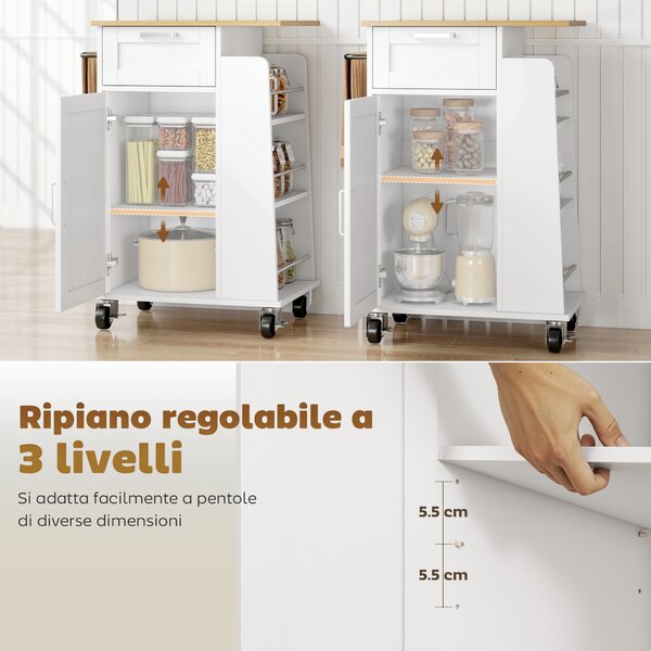HOMCOM Carrello da Cucina con Cassetto, Armadietto, Portasciugamani e 3 Portaspezie, in Legno, 62x40x87 cm, Bianco | Aosom Italy