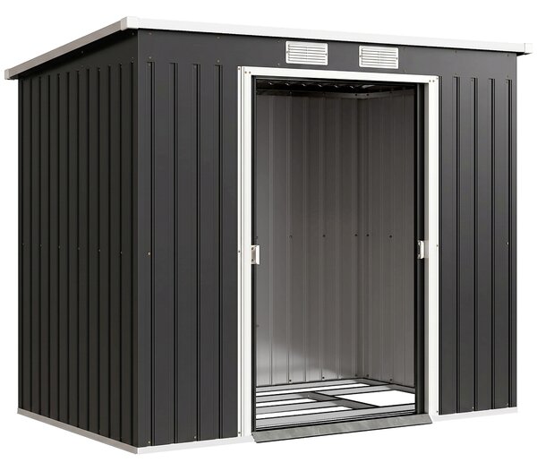 Outsunny Capanno Attrezzi con Tetto Inclinato, 2 Ingressi e Prese d'Aria, in Acciaio, 213x130x172 cm, Grigio Scuro | Aosom Italy