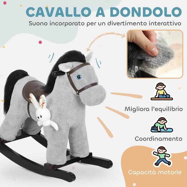AIYAPLAY Cavallo a Dondolo con Suoni per Bambini da 2-5 Anni e Animale di Peluche Incluso, Legno e Acciaio, Grigio | Aosom Italy