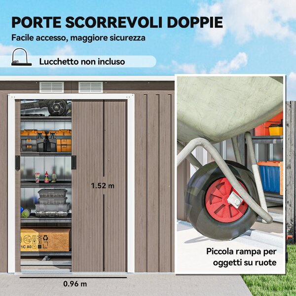 Outsunny Casetta da Giardinocon 2 Prese d'Aria e 2 Porte Scorrevoli, Capanno Attrezzi in Acciaio, 280x130x172 cm, Marrone Legno | Aosom Italy