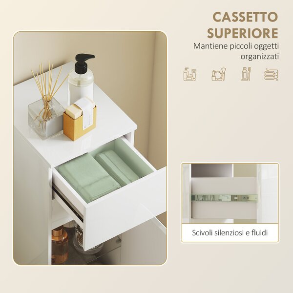 HOMCOM Mobiletto Bagno Sospeso con Cassetto, Anta Lucida e Ripiano in Vetro Regolabile, Bianco | Aosom Italy