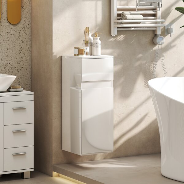 HOMCOM Mobiletto Bagno Sospeso con Cassetto, Anta Lucida e Ripiano in Vetro Regolabile, Bianco | Aosom Italy