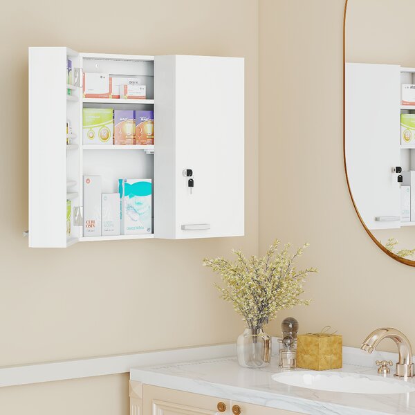 HOMCOM Armadietto Medicinali con 3 Mensole Interne e 8 Portabottiglie, in Legno e Metallo, 53x20x53 cm, Bianco | Aosom Italy