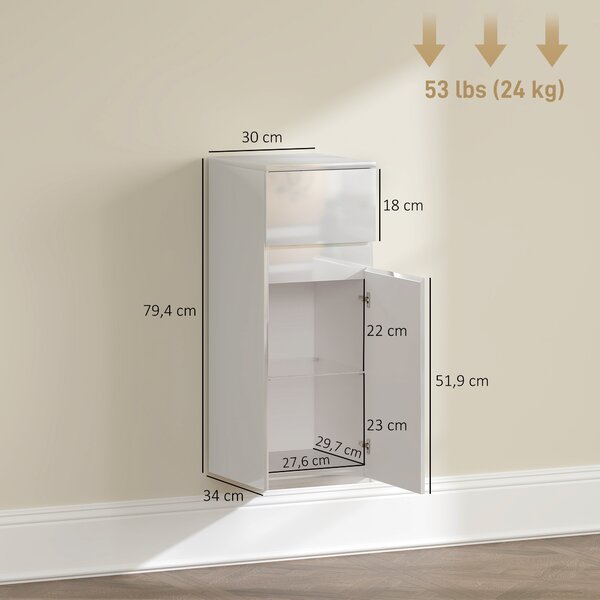 HOMCOM Mobiletto Bagno Sospeso con Cassetto, Anta Lucida e Ripiano in Vetro Regolabile, Bianco | Aosom Italy