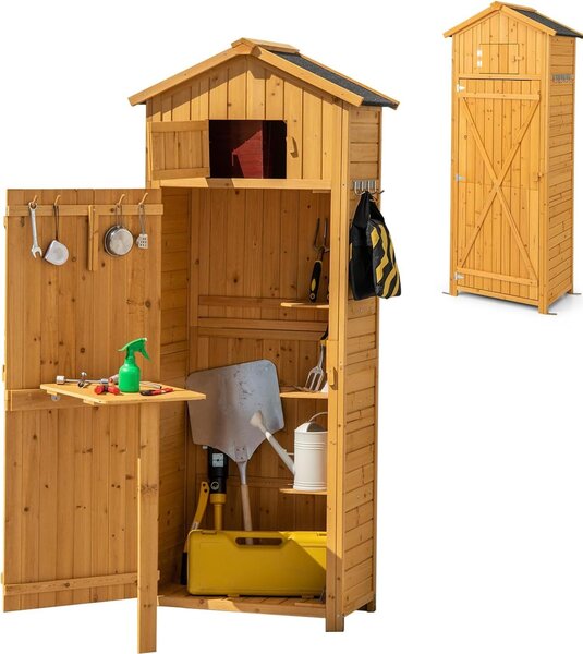KOMFOTTEU Armadio da giardino in legno, casetta per attrezzi da esterno resistente alle intemperie, casetta con tetto a due falde, armadio porta attrezzi in legno con ripiano e tavolo pieghevole, 180x65x42 cm, colore naturale