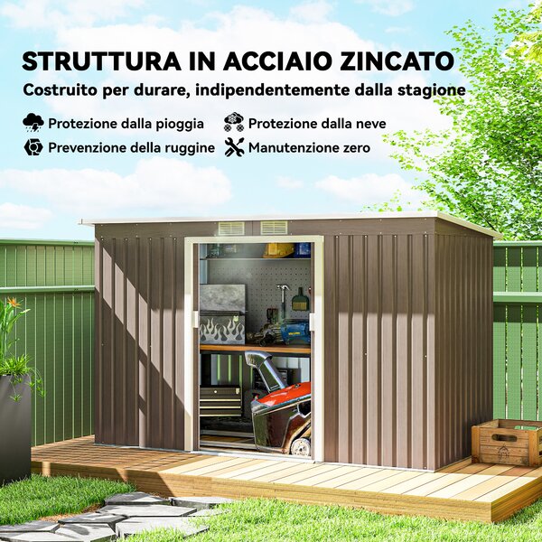 Outsunny Casetta da Giardinocon 2 Prese d'Aria e 2 Porte Scorrevoli, Capanno Attrezzi in Acciaio, 280x130x172 cm, Marrone Legno | Aosom Italy