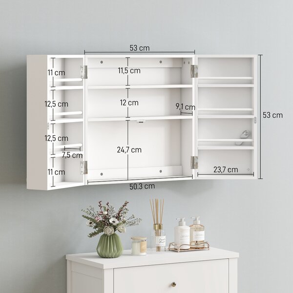 HOMCOM Armadietto Medicinali con 3 Mensole Interne e 8 Portabottiglie, in Legno e Metallo, 53x20x53 cm, Bianco | Aosom Italy