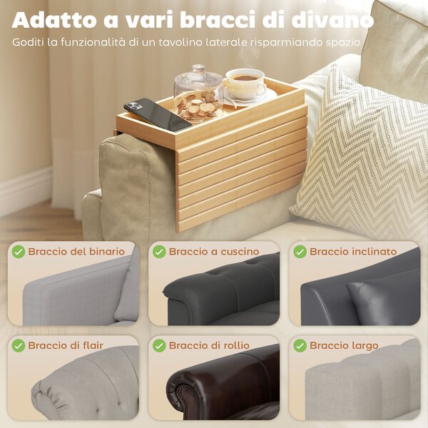 HOMCOM Vassoio da Divano per Bracciolo in Legno di Bambù, Tappetino Flessibile con Vassoio, Colore Legno | Aosom Italy