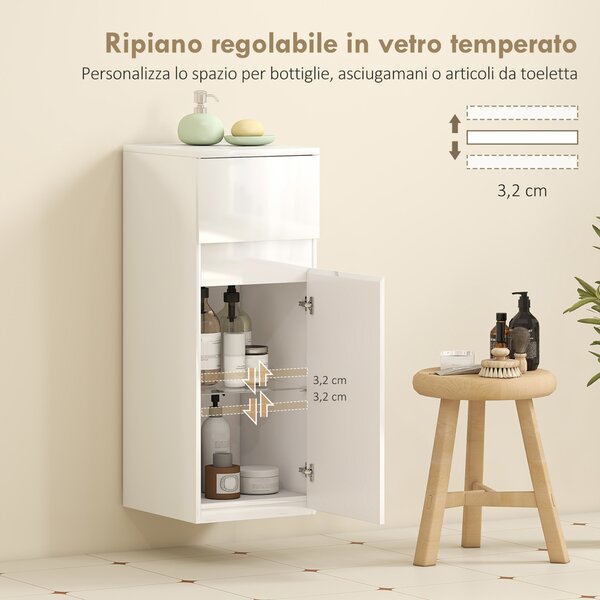 HOMCOM Mobiletto Bagno Sospeso con Cassetto, Anta Lucida e Ripiano in Vetro Regolabile, Bianco | Aosom Italy