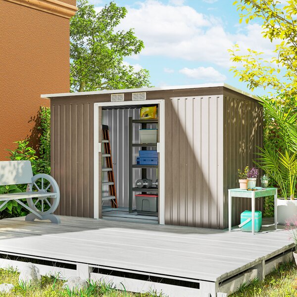 Outsunny Casetta da Giardinocon 2 Prese d'Aria e 2 Porte Scorrevoli, Capanno Attrezzi in Acciaio, 280x130x172 cm, Marrone Legno | Aosom Italy