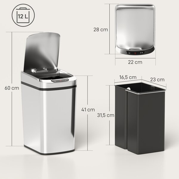 HOMCOM Cestino Rifiuti da 12L a Infrarossi con Secchio Rimovibile, in Acciaio Inox, ABS e PP, 28x22x41 cm, Argento | Aosom Italy