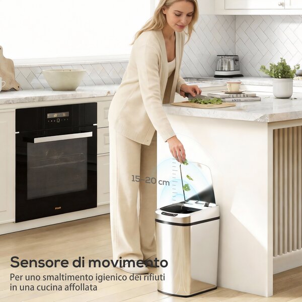 HOMCOM Cestino Rifiuti da 12L a Infrarossi con Secchio Rimovibile, in Acciaio Inox, ABS e PP, 28x22x41 cm, Argento | Aosom Italy
