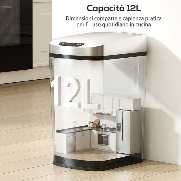HOMCOM Cestino Rifiuti da 12L a Infrarossi con Secchio Rimovibile, in Acciaio Inox, ABS e PP, 28x22x41 cm, Argento | Aosom Italy