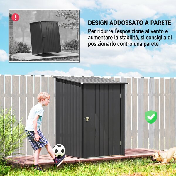 Outsunny Capanno da Giardino con Porta, Casetta Attrezzi Accanto a parete in Acciaio Galvanizzato, 100x104x160 cm, Grigio Scuro | Aosom Italy