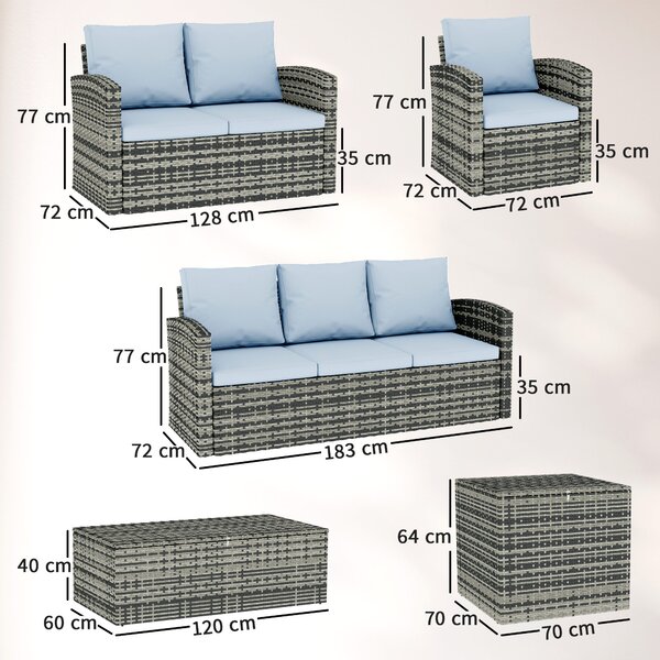 Outsunny Set da Esterno 6 Pezzi con 2 Tavolini Contenitore, 2 Divani e 2 Poltrone, in Rattan e Acciaio, Grigio | Aosom Italy